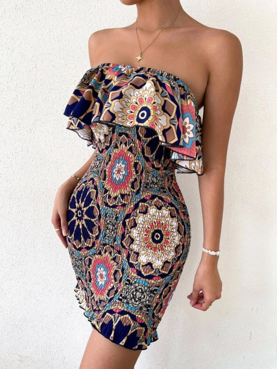 Mandala Print Ruffle Trim Shirred Bodycon Tube Dress