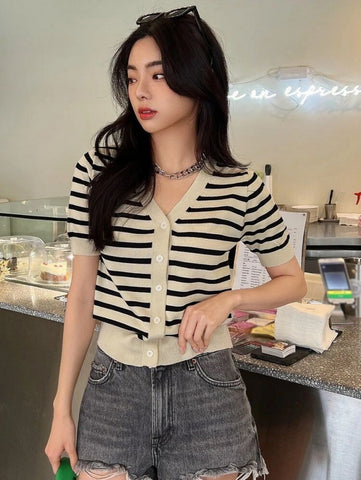 DAZY Striped Button Through Tee