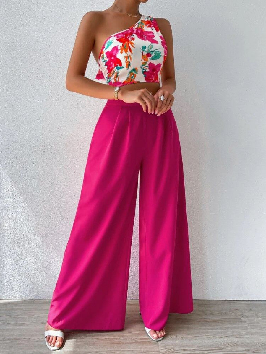 Floral Print One Shoulder Top & Wide Leg Pants