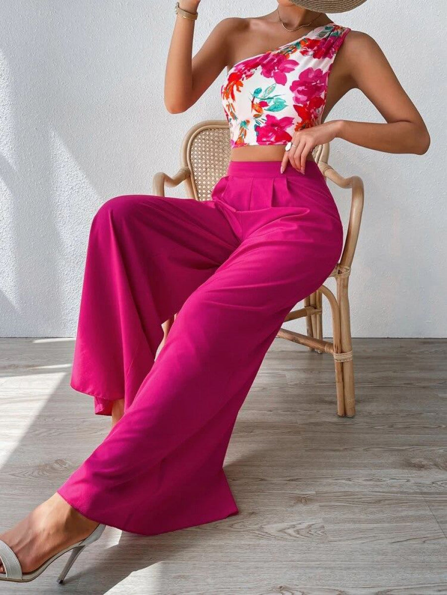 Floral Print One Shoulder Top & Wide Leg Pants