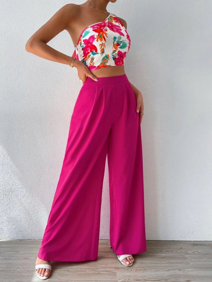 Floral Print One Shoulder Top & Wide Leg Pants