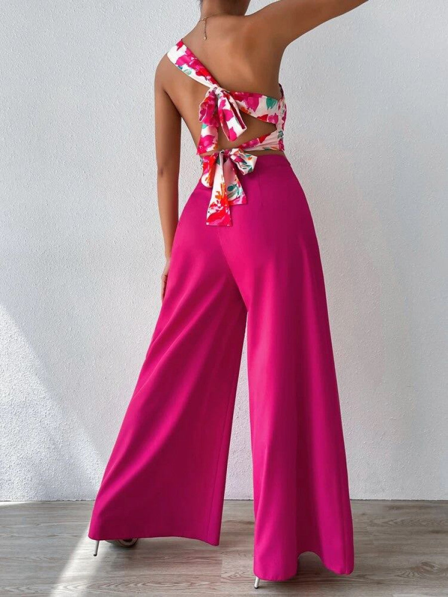 Floral Print One Shoulder Top & Wide Leg Pants