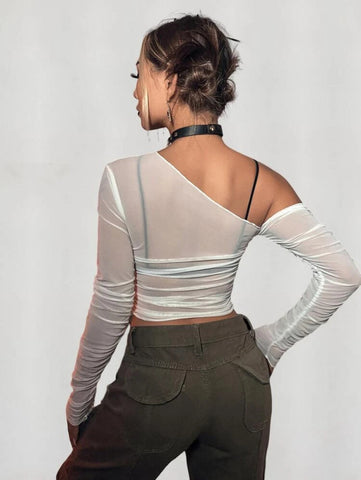 ICON Asymmetrical Neck Sheer Mesh Top Without Bra