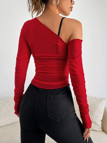 ICON Asymmetrical Neck Sheer Mesh Top Without Bra