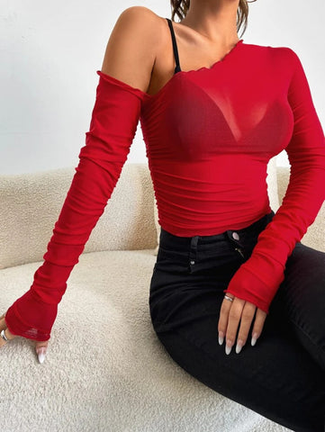 ICON Asymmetrical Neck Sheer Mesh Top Without Bra