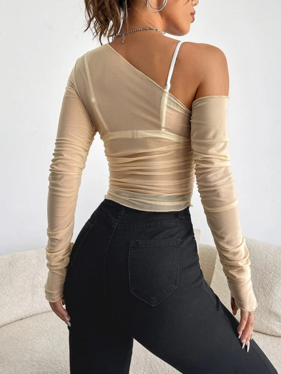 ICON Asymmetrical Neck Sheer Mesh Top Without Bra