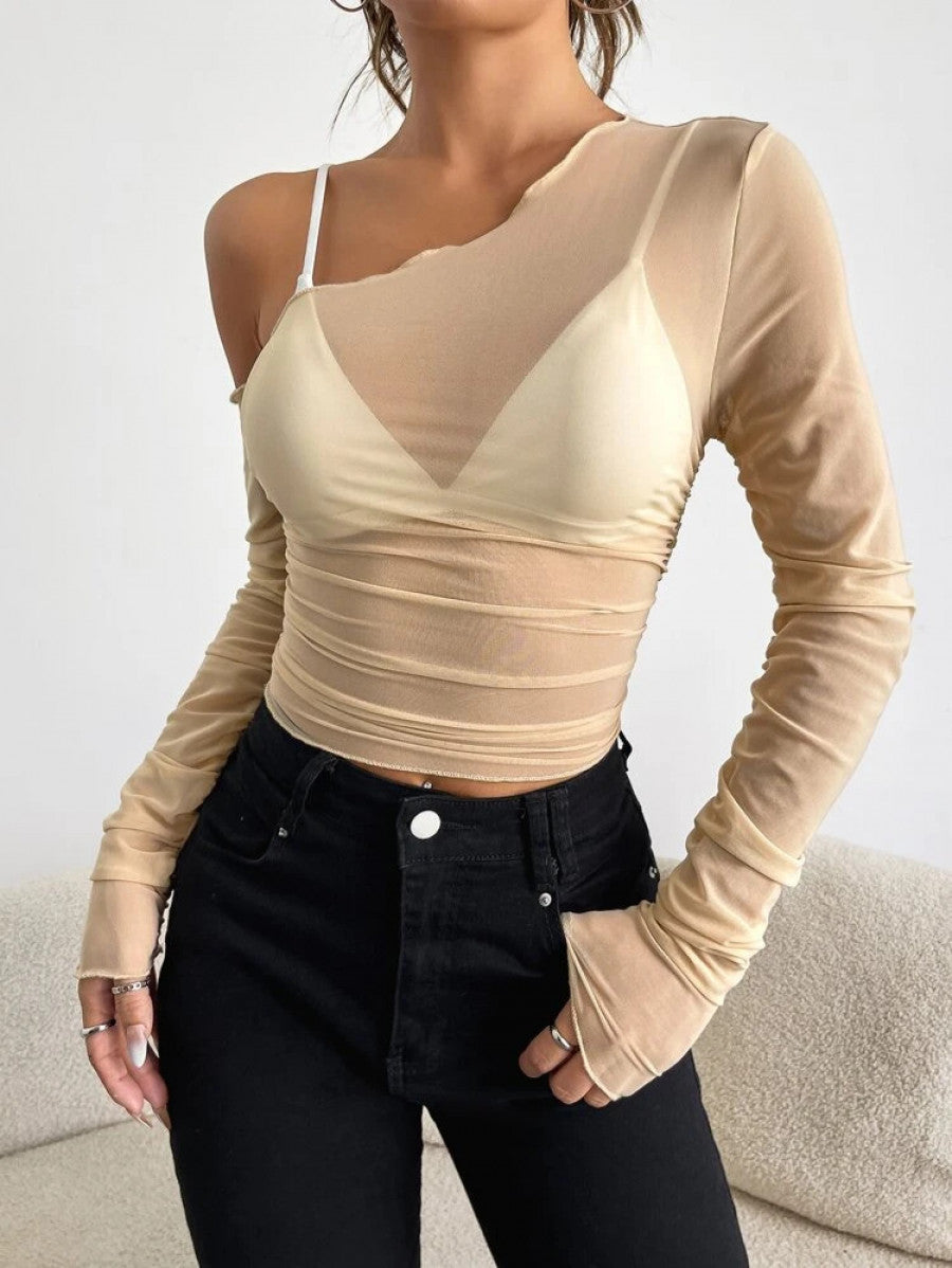 ICON Asymmetrical Neck Sheer Mesh Top Without Bra