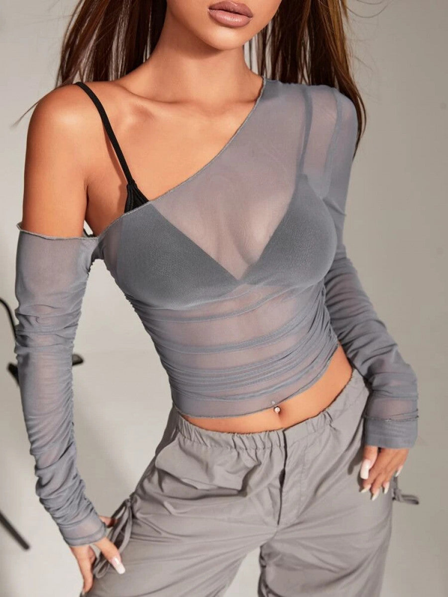 ICON Asymmetrical Neck Sheer Mesh Top Without Bra