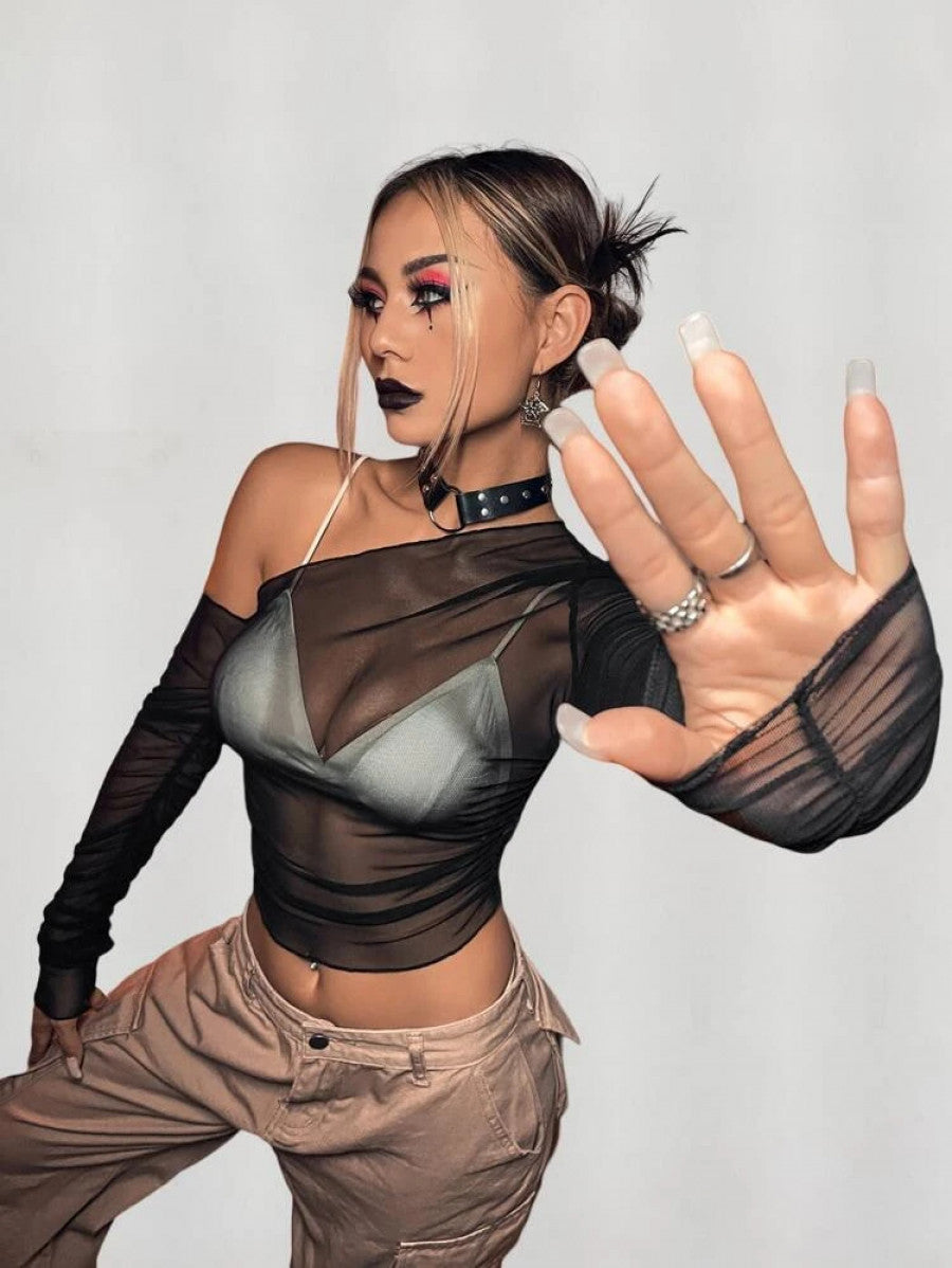 ICON Asymmetrical Neck Sheer Mesh Top Without Bra