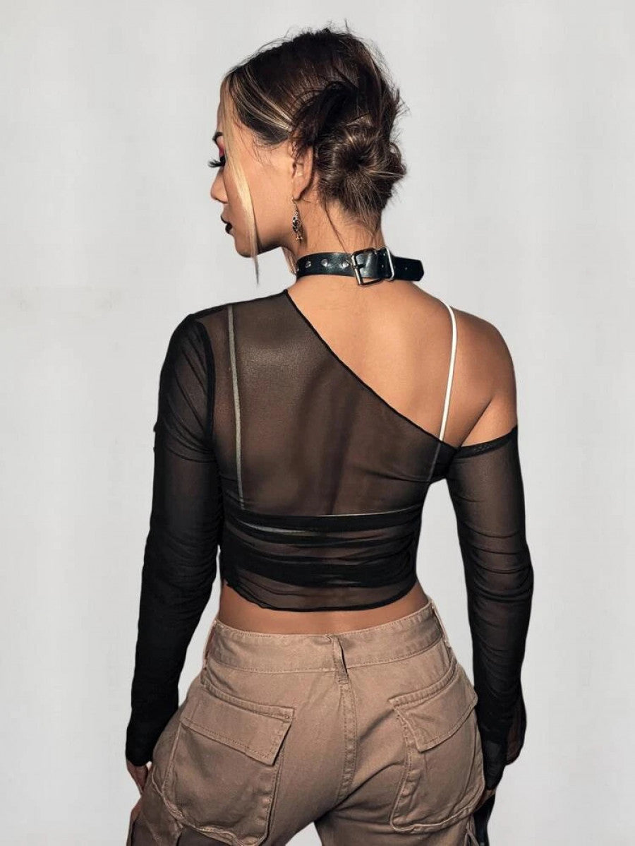 ICON Asymmetrical Neck Sheer Mesh Top Without Bra