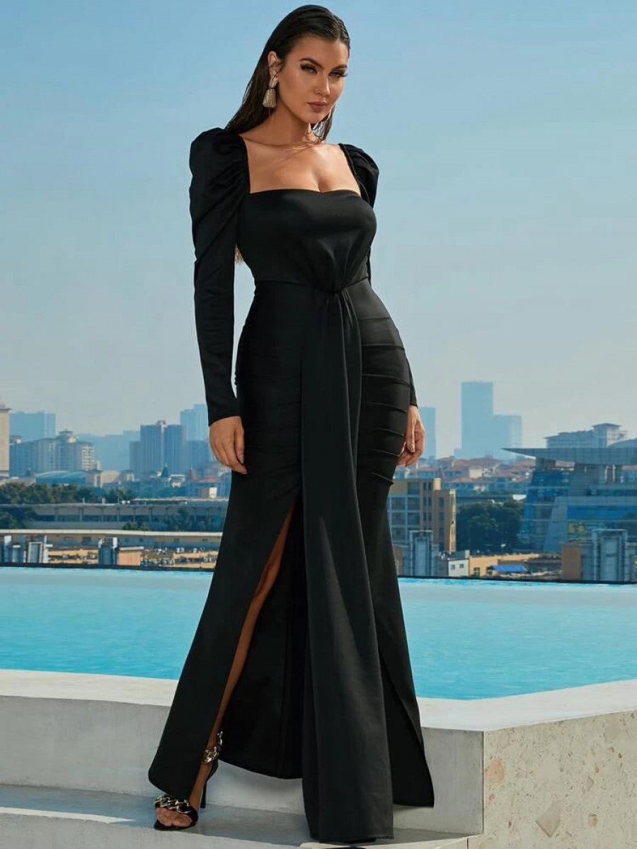 Miss ord Women's Sexy Floor Length Split Sleeves Prom Dress Contrast Mesh  Bodycon Mermaid Maxi Party Dress