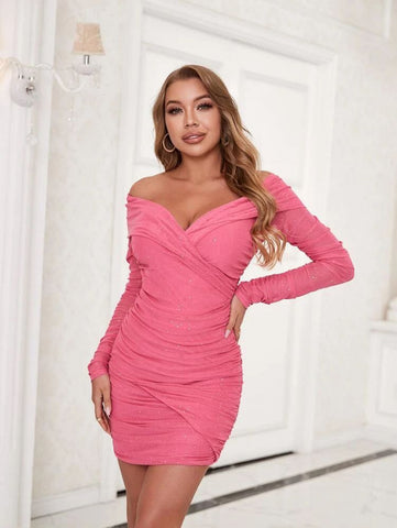 D&M Off Shoulder Ruched Sequin Bodycon Dress