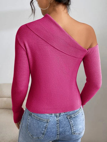 Felegant Asymmetrical Neck Ribbed Knit Sweater