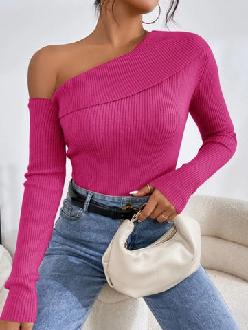 Felegant Asymmetrical Neck Ribbed Knit Sweater