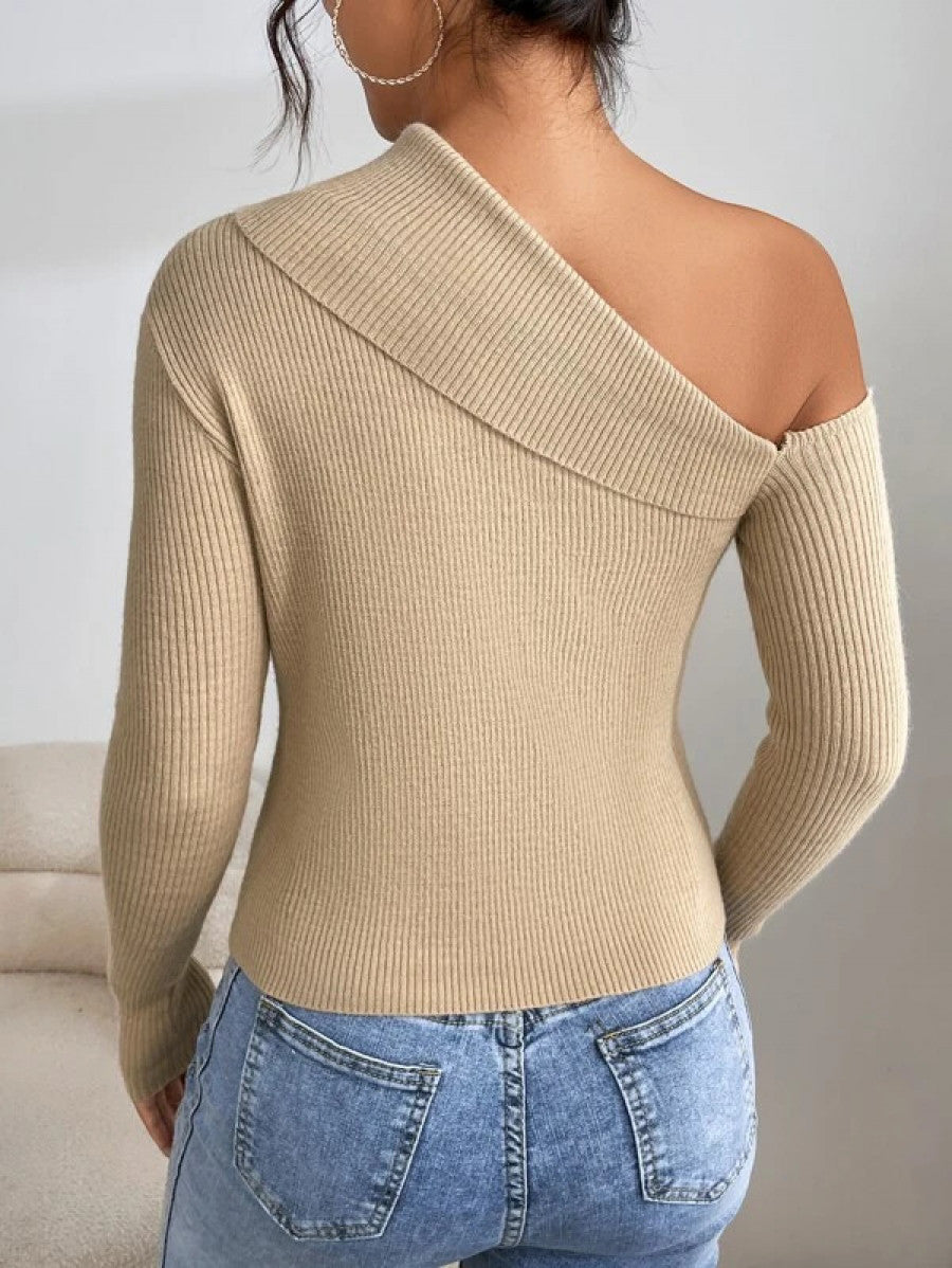 Felegant Asymmetrical Neck Ribbed Knit Sweater