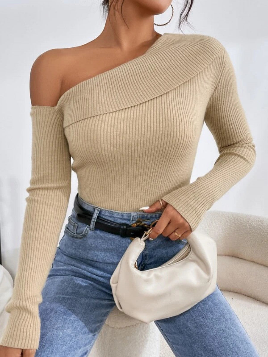 Felegant Asymmetrical Neck Ribbed Knit Sweater