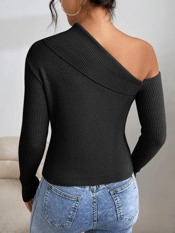 Felegant Asymmetrical Neck Ribbed Knit Sweater