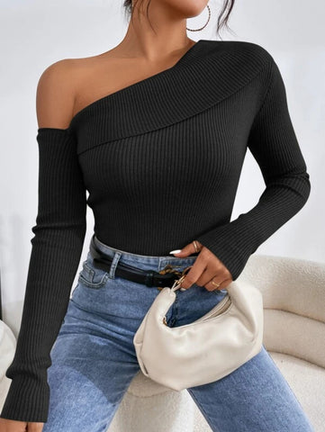 Felegant Asymmetrical Neck Ribbed Knit Sweater