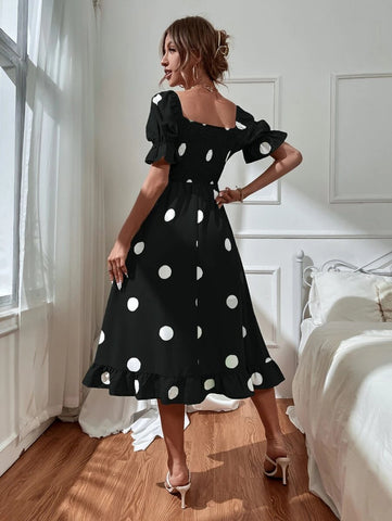 Polka Dot Print Puff Sleeve Shirred Ruffle Hem Dress