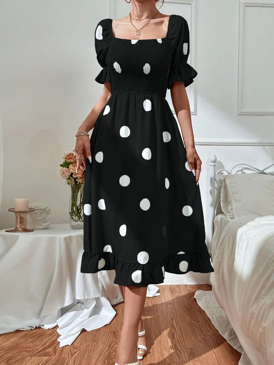 Polka Dot Print Puff Sleeve Shirred Ruffle Hem Dress