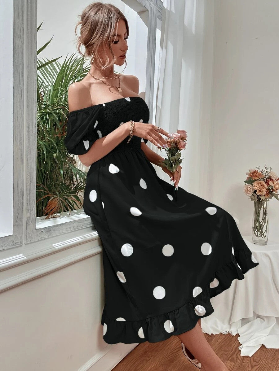 Polka Dot Print Puff Sleeve Shirred Ruffle Hem Dress