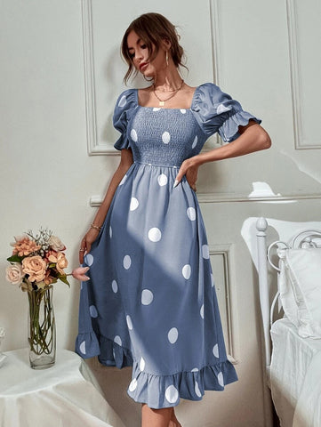 Polka Dot Print Puff Sleeve Shirred Ruffle Hem Dress