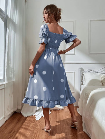 Polka Dot Print Puff Sleeve Shirred Ruffle Hem Dress