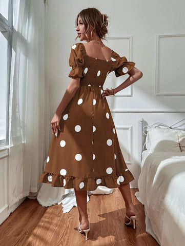 Polka Dot Print Puff Sleeve Shirred Ruffle Hem Dress