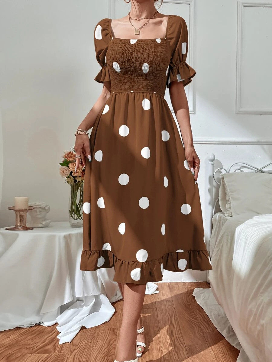 Polka Dot Print Puff Sleeve Shirred Ruffle Hem Dress