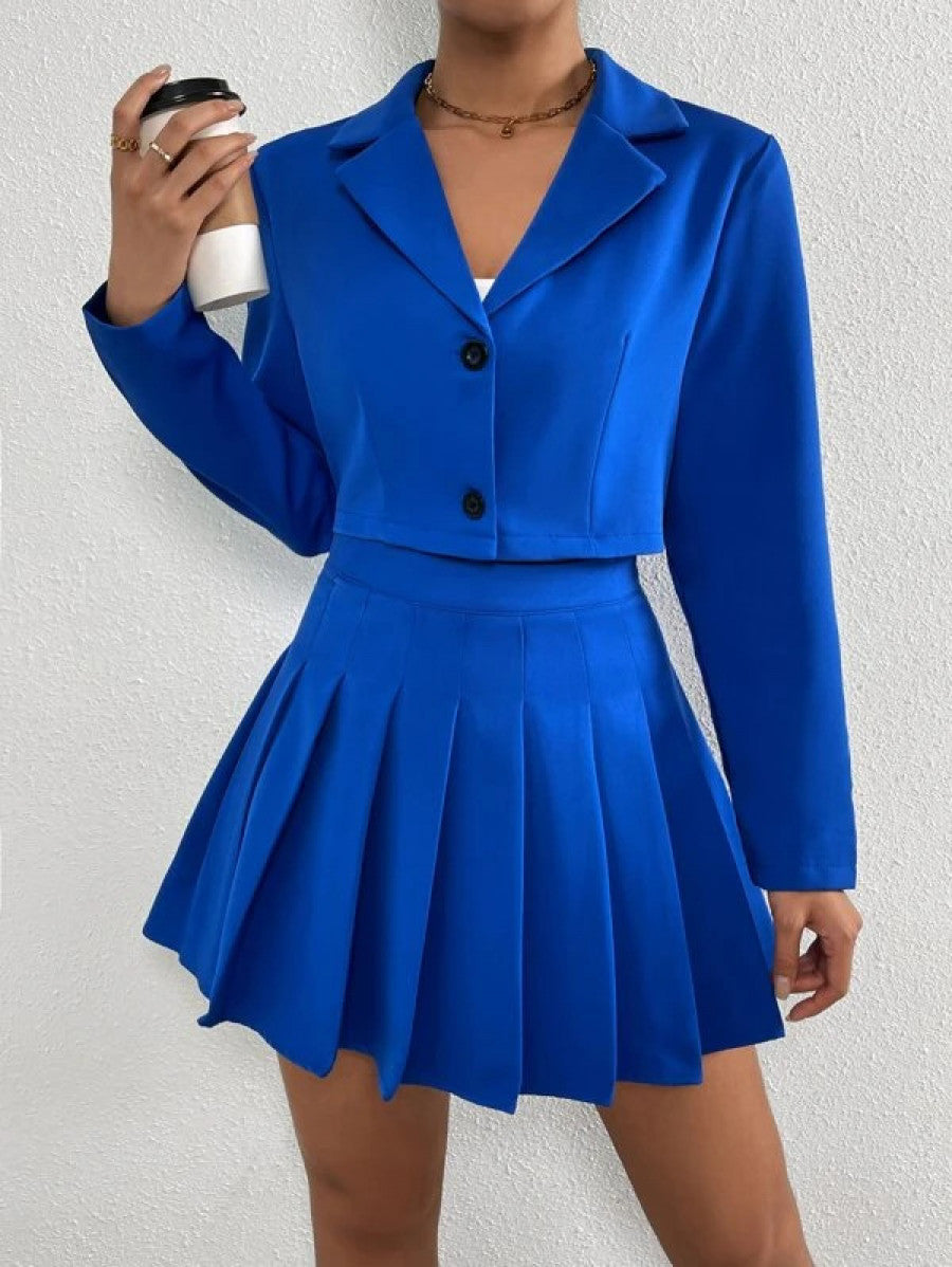 Solid Single Breasted Blazer & Pleated Skirt