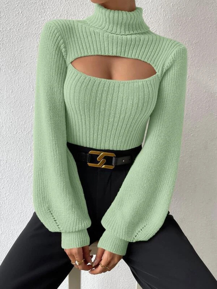 Turtleneck Cut Out Eyelet Detail Sweater