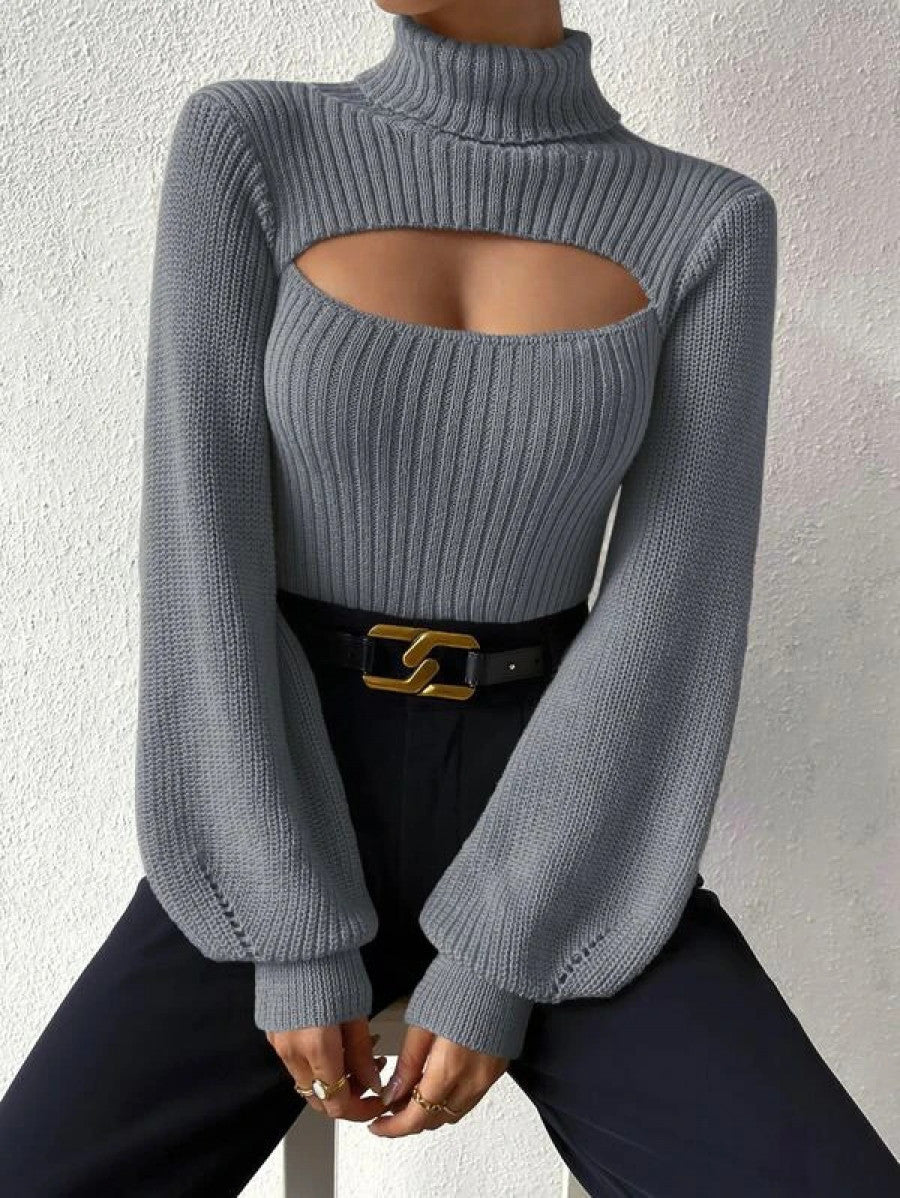 Turtleneck Cut Out Eyelet Detail Sweater