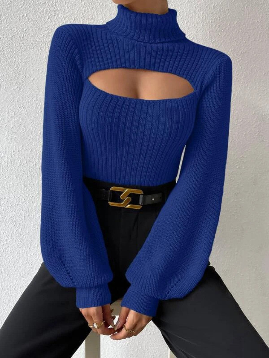 Turtleneck Cut Out Eyelet Detail Sweater