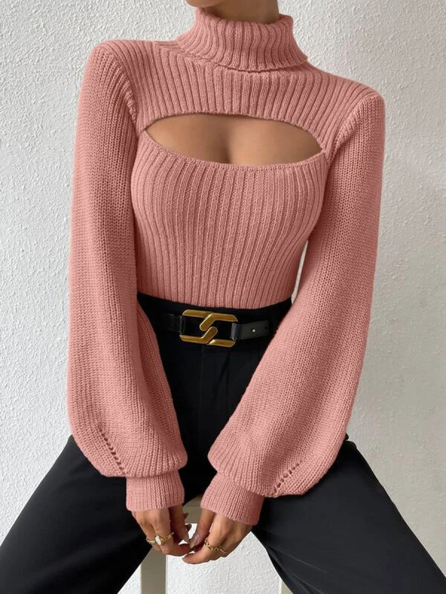 Turtleneck Cut Out Eyelet Detail Sweater