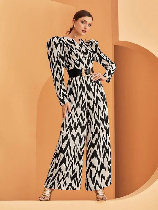 Modely Allover Chevron Print Gigot Sleeve Jumpsuit Without Belt