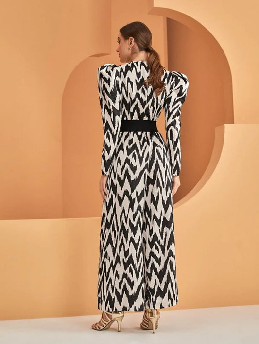 Modely Allover Chevron Print Gigot Sleeve Jumpsuit Without Belt