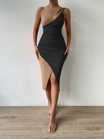 Two Tone Cut Out One Shoulder Asymmetrical Hem Dress