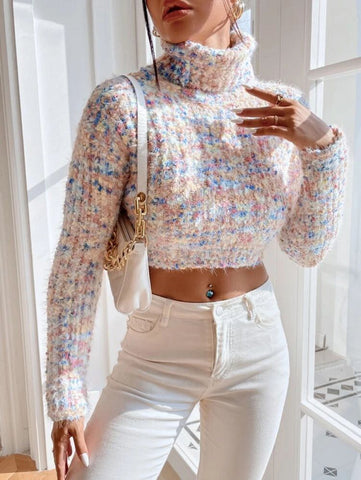 EZwear Turtleneck Popcorn Knit Crop Sweater