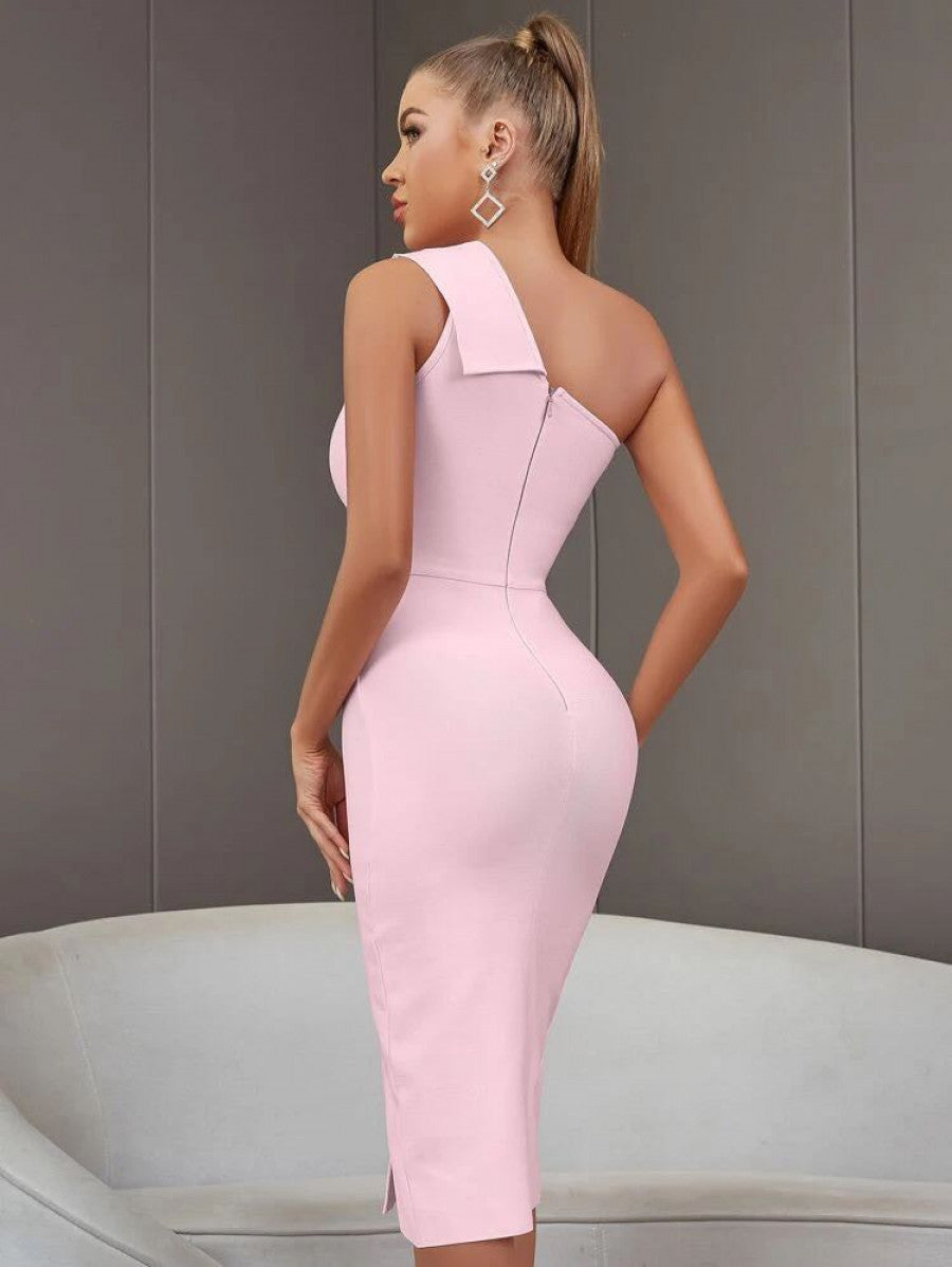 ADYCE One Shoulder Split Thigh Solid Bodycon Bandage Cocktail Dress