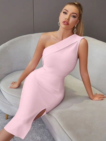 ADYCE One Shoulder Split Thigh Solid Bodycon Bandage Cocktail Dress