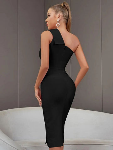 ADYCE One Shoulder Split Thigh Solid Bodycon Bandage Cocktail Dress