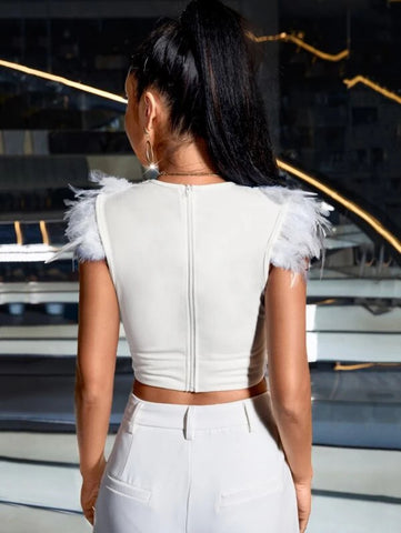 BAE Fuzzy Trim Zipper Back Crop Top Without Arm Sleeves