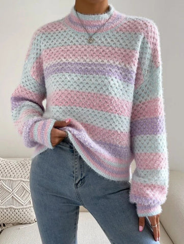 Colorblock Mock Neck Drop Shoulder Fuzzy Sweater