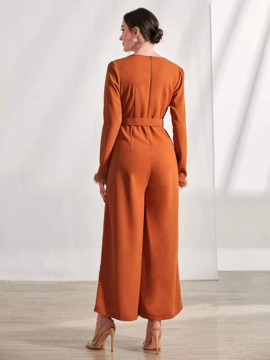 Fuzzy Cuff Surplice Neck Plicated Detail Buckled Belted Jumpsuit