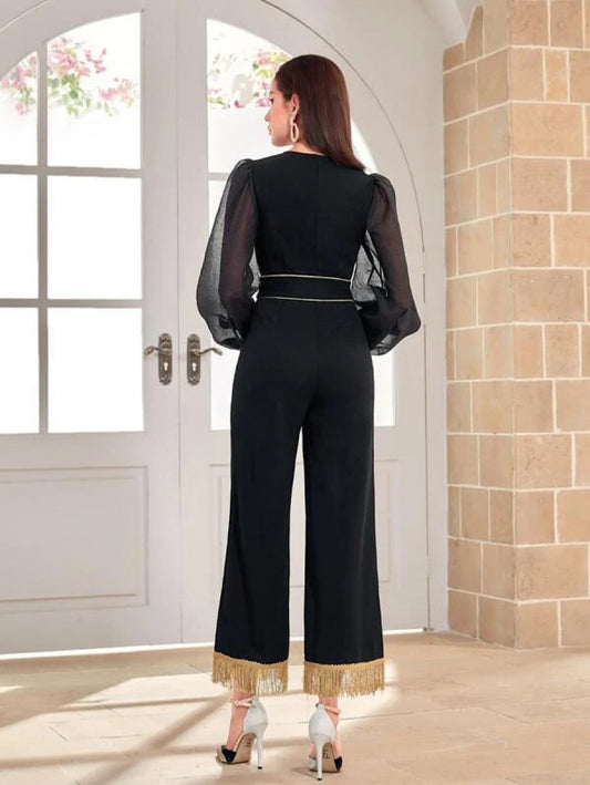 Modely Keyhole Neck Lantern Sleeve Fringe Hem Belted Jumpsuit