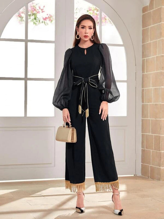 Modely Keyhole Neck Lantern Sleeve Fringe Hem Belted Jumpsuit