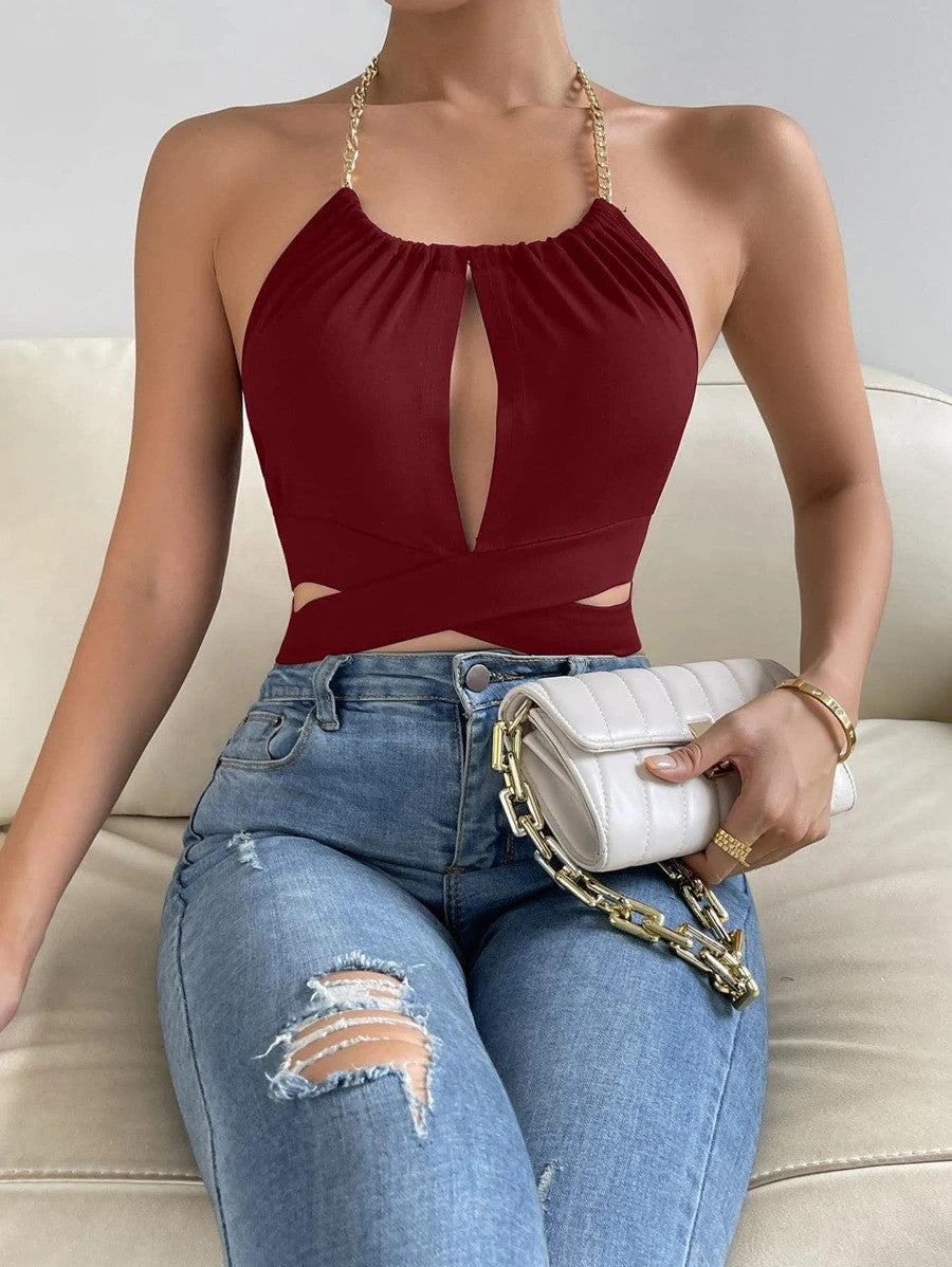 Chain Detail Cut Out Crop Halter Top