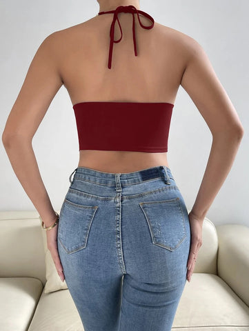 Chain Detail Cut Out Crop Halter Top