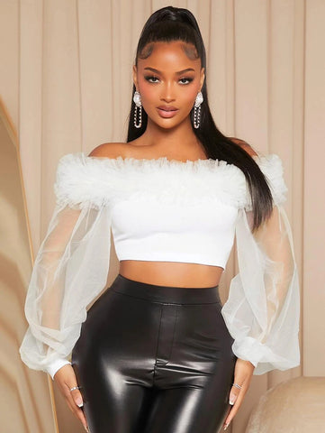 SXY Off Shoulder Lantern Sleeve Ruffle Trim Crop Top