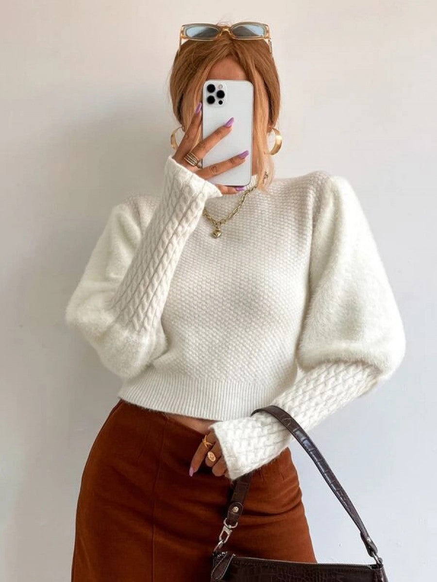 Mock Neck Lantern Sleeve Cable Knit Sweater